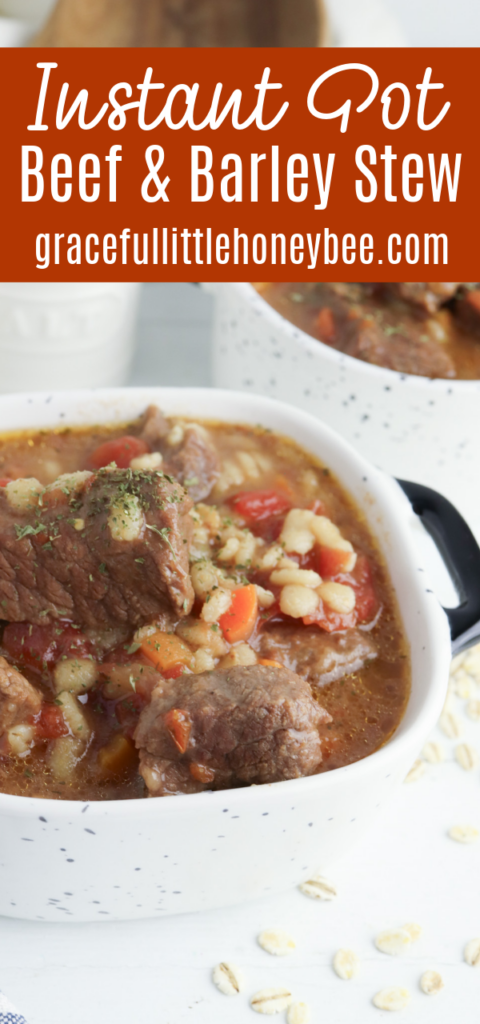 White bowl full of rich, hearty Instant Pot Beef & Barley Stew.