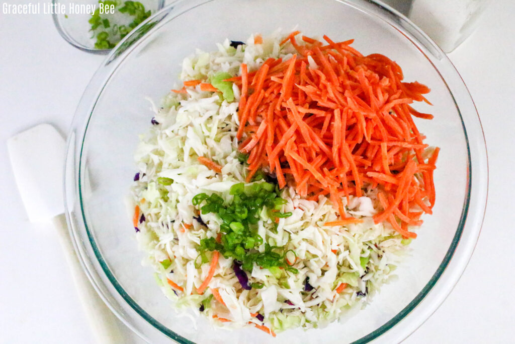 Shredded cabbage and carrots in clear mixing bowl.