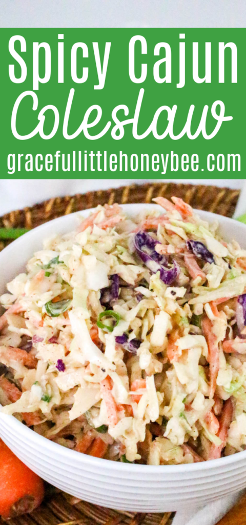 A white bowlful of Cajun Coleslaw.